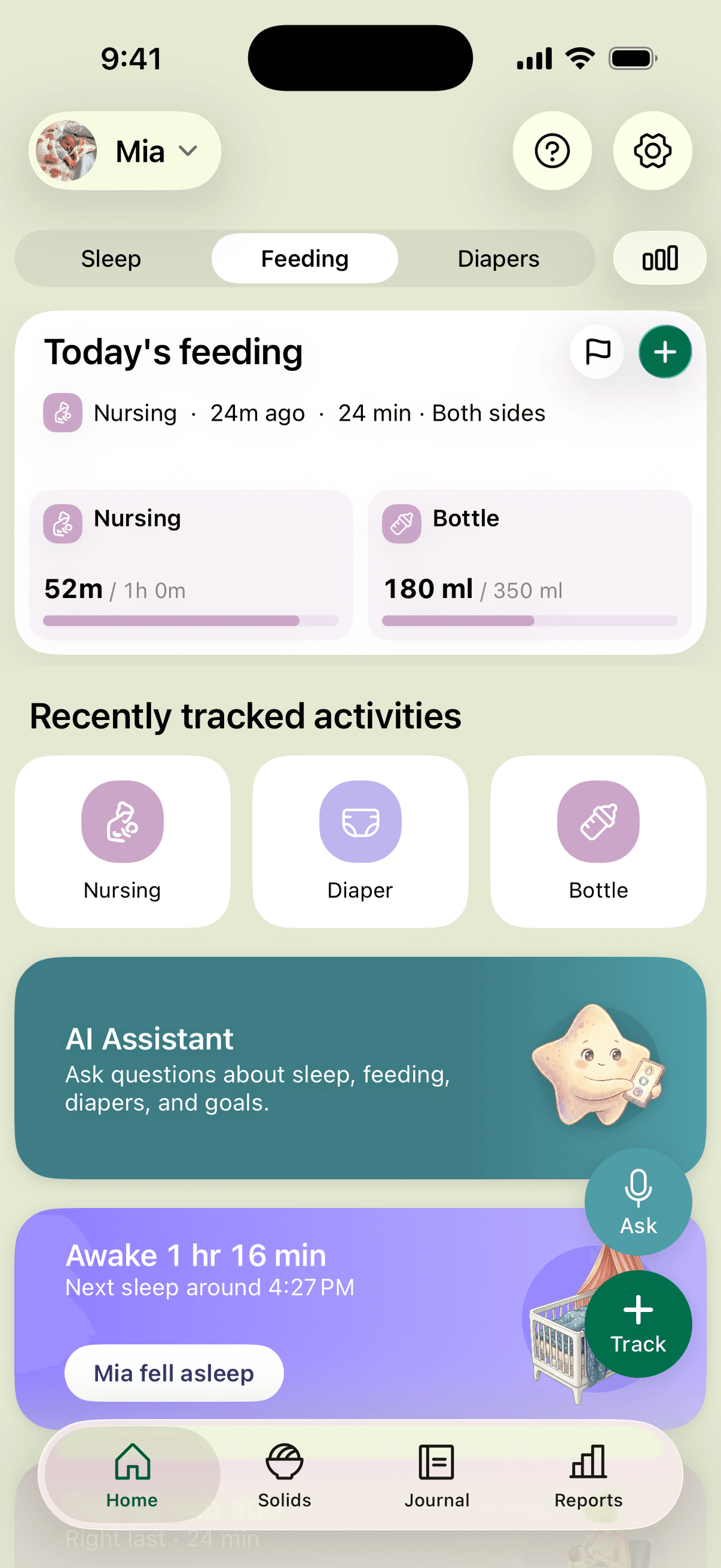 The MyBaby home screen: today's nursing and bottle totals against the day's goals, recently tracked activities, the AI assistant and the sleep card