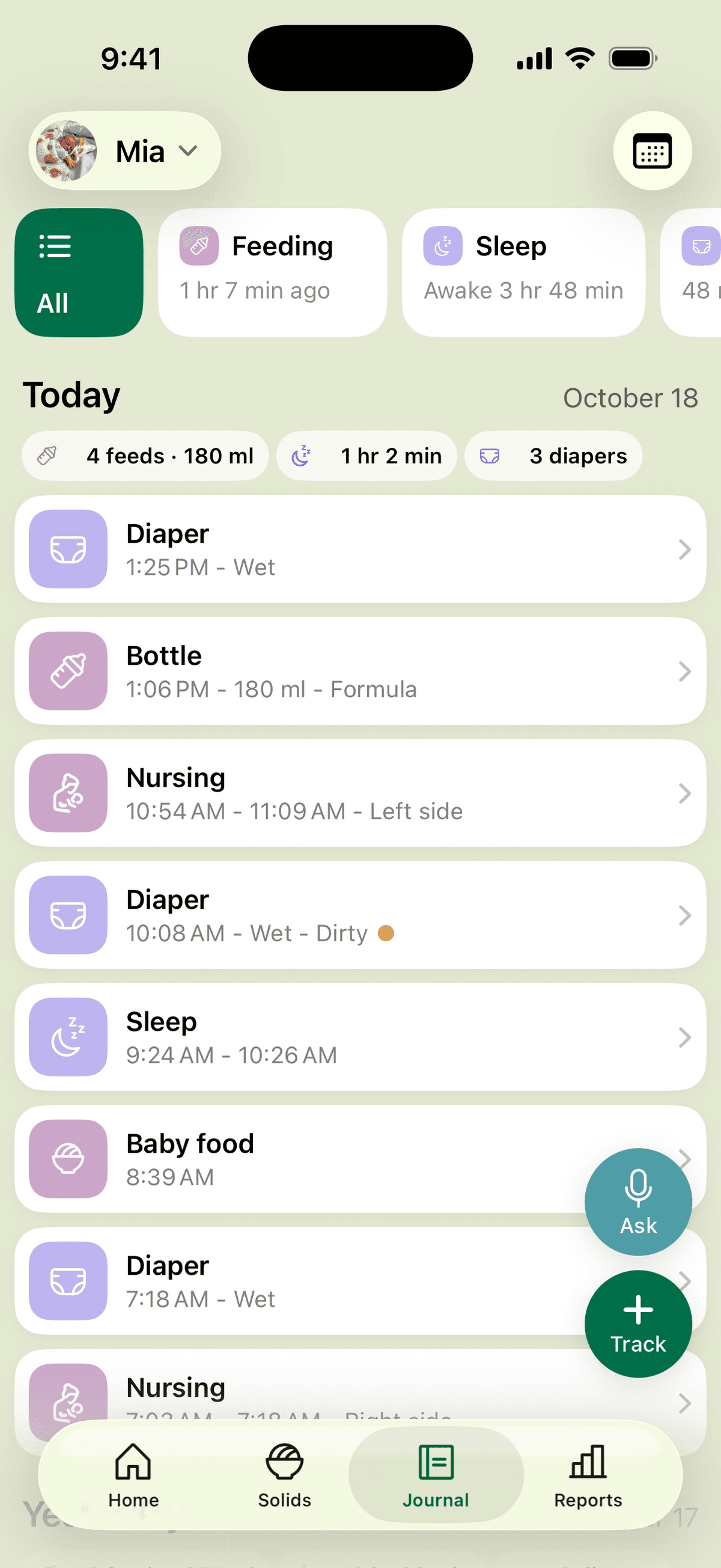 A day in the journal, listing every diaper change, bottle, nursing session, sleep and baby food in order