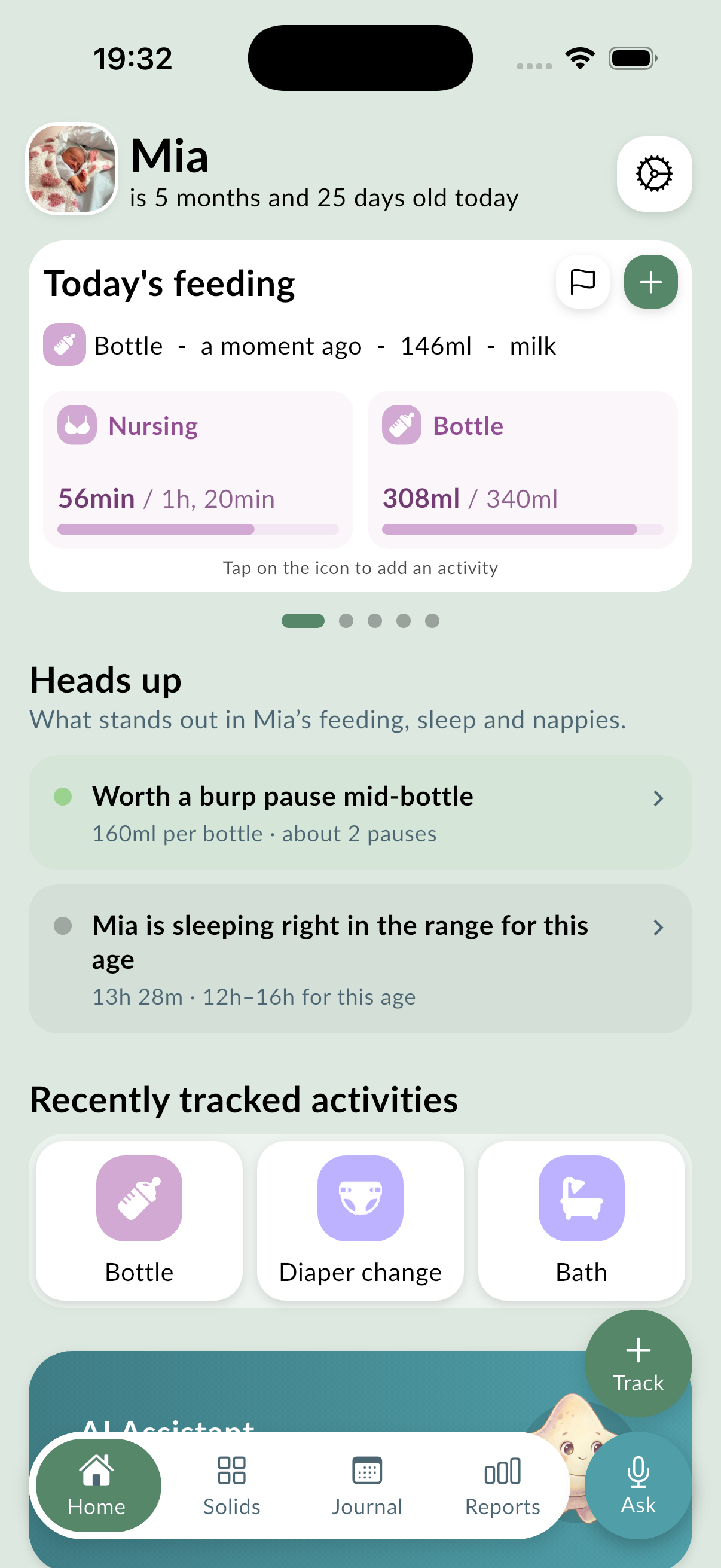 The MyBaby home screen: today's feeding totals, what stands out today, and recently tracked activities