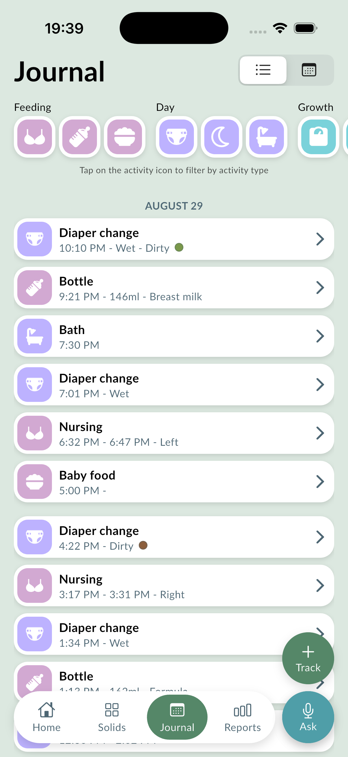 A day in the journal, listing every diaper change, bottle, nursing session and bath in order