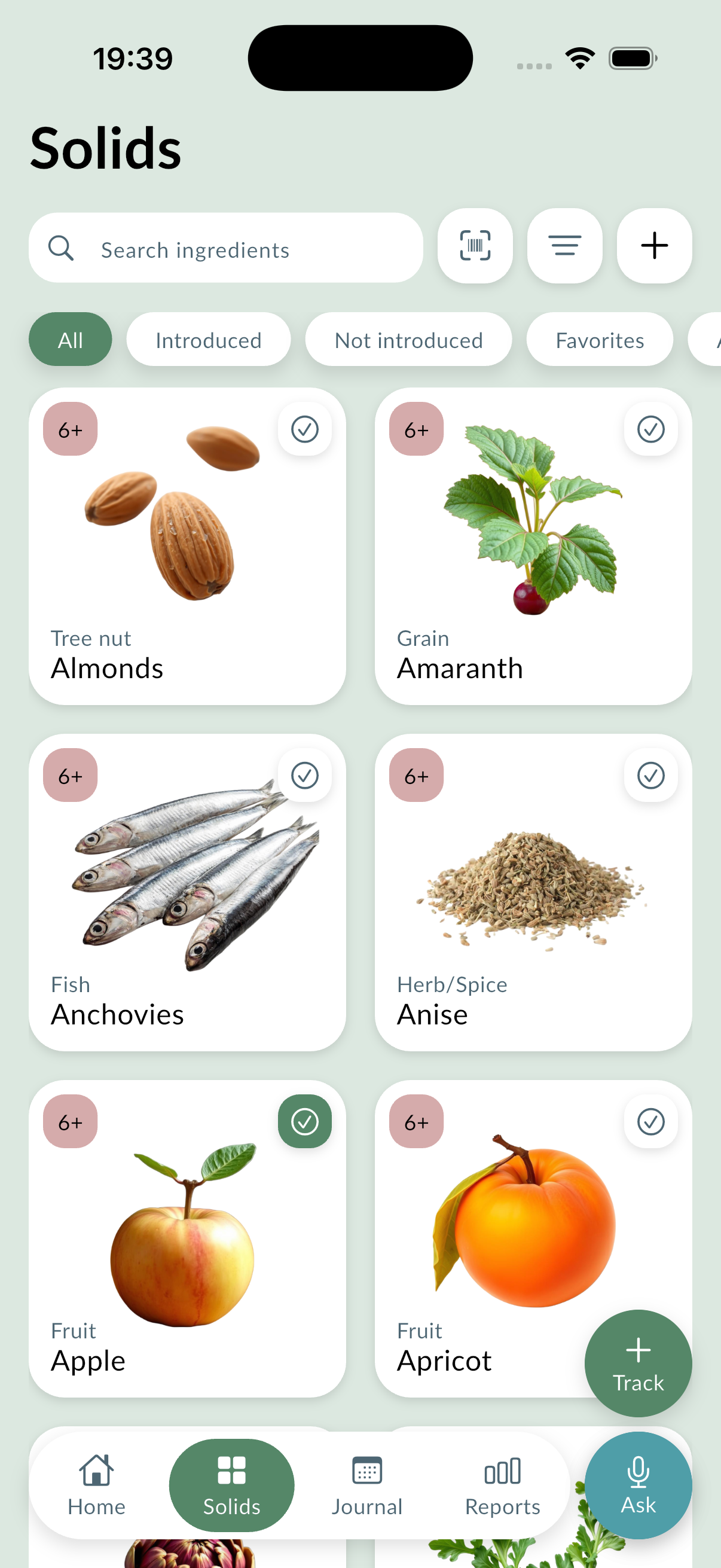 The solids catalogue: ingredients with an age badge, an introduced mark and allergen filters