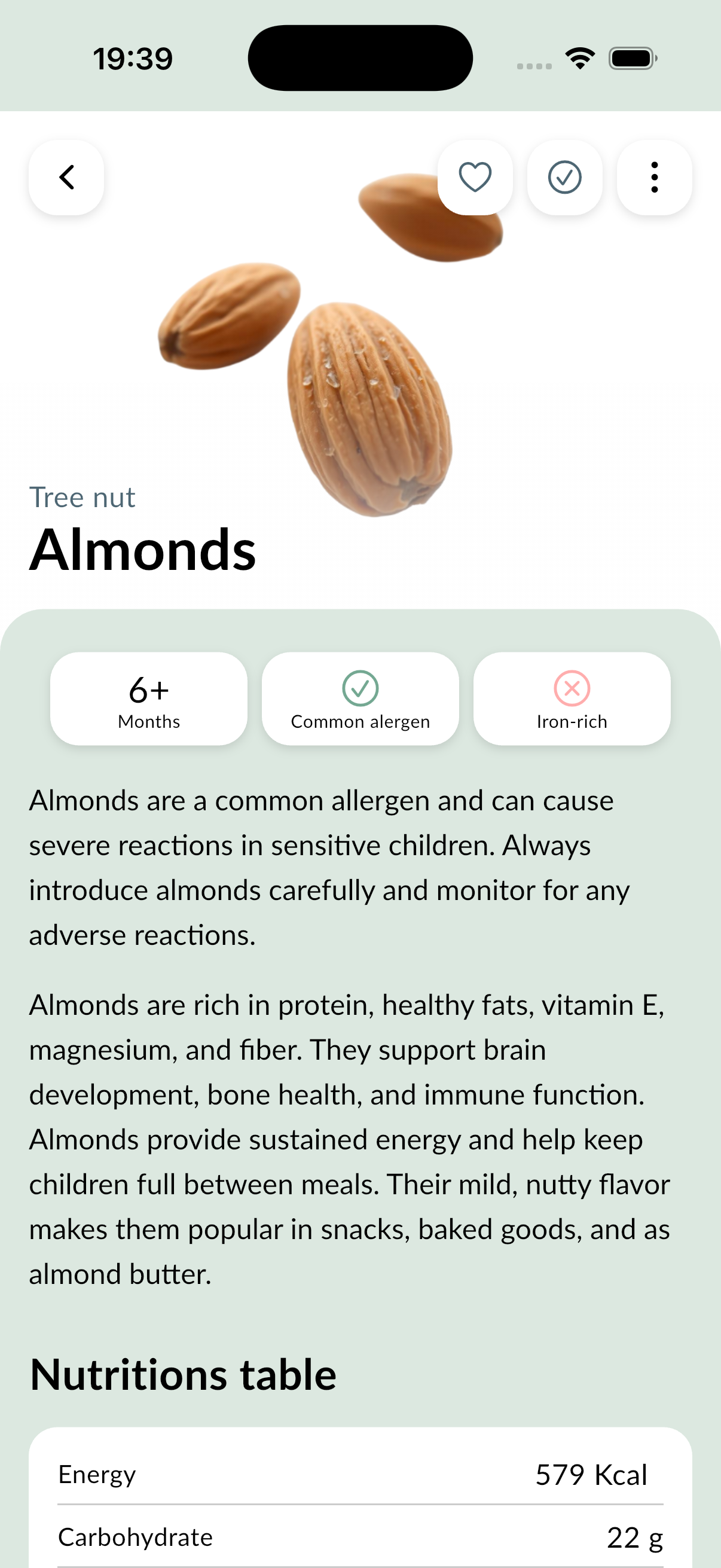 The almond ingredient page, flagged as a common allergen with serving age and nutrition